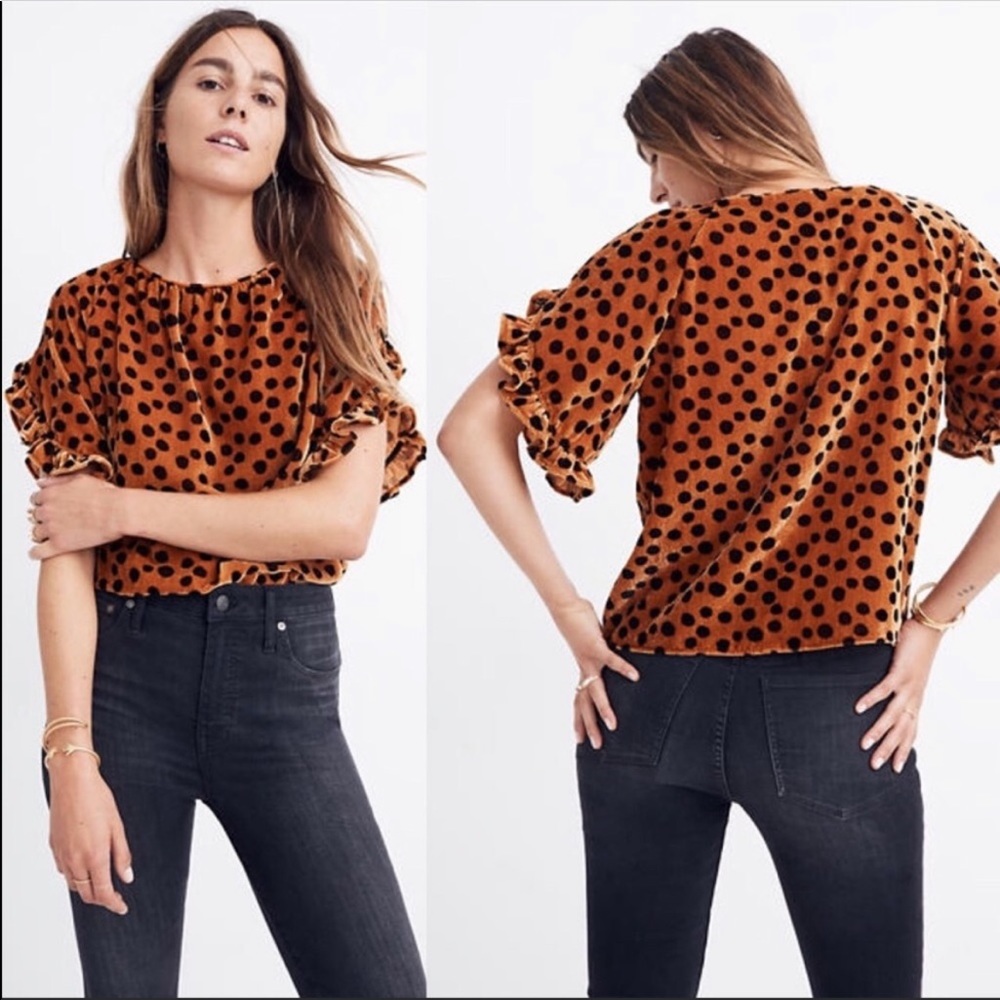 Madewell Velvet Momento Ruffle Sleeve Top in Leopard Dot / XXS